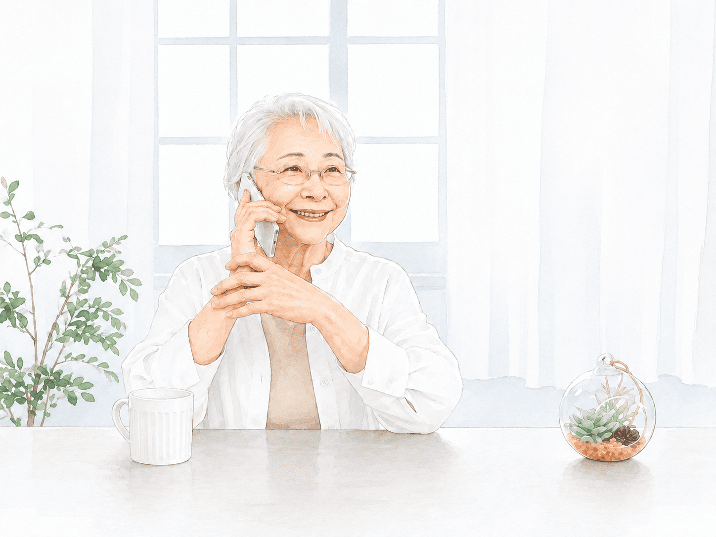 老婦人が笑顔で電話をしている