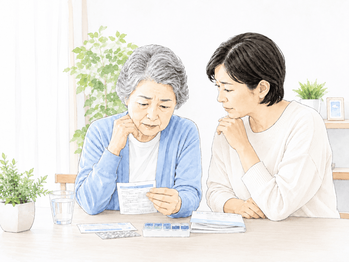 老婦人と女性が悩んでいる