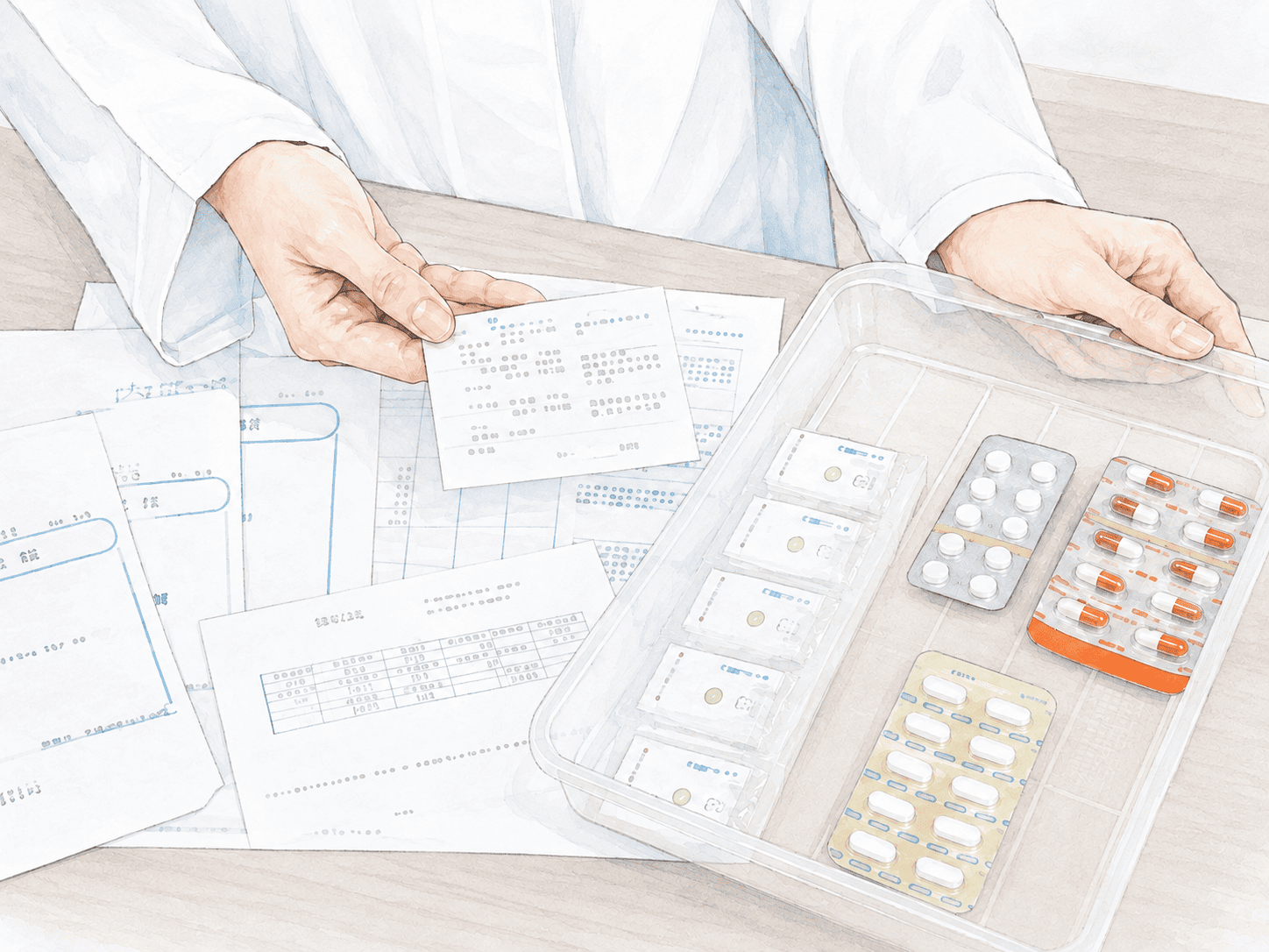 薬の管理をする薬剤師の手