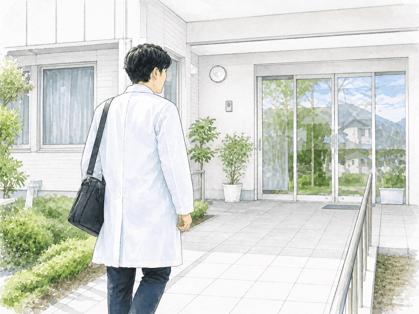 男性が施設へ向かっている